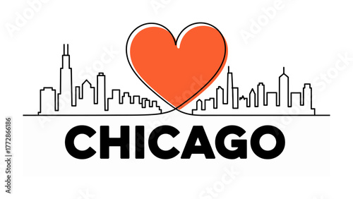 Chicago Skyline with Heart: An iconic outline of Chicago's skyline, with the city's name prominently displayed beneath a bold, heart-shaped symbol, evokes feelings of love and connection. 
