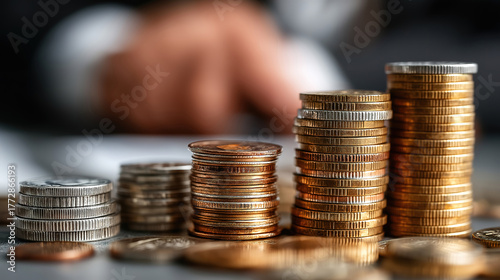 Banker offering financial loan in office with stacked coins representing business and finance