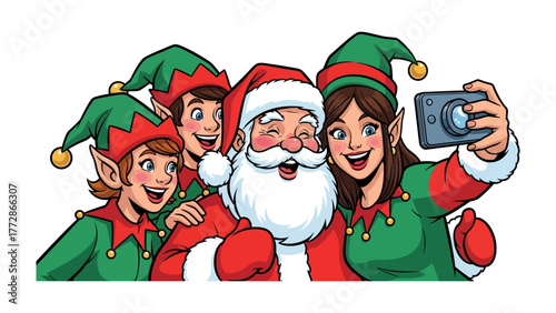 Festive Selfie with Santa and Elves: Santa Claus and his elf companions gather for a joyful selfie, capturing the holiday spirit in a moment of festive cheer.