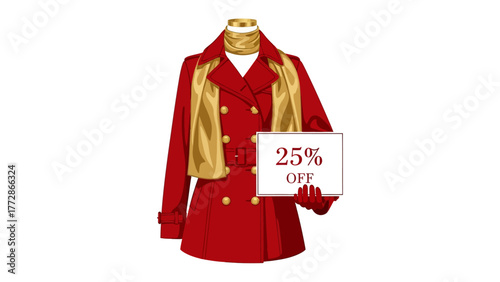 Fashion Forward: A vibrant red coat, styled with a sophisticated golden scarf and a sign displaying a discount, perfect for a chic wardrobe.