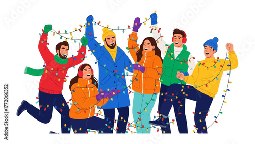 Holiday Cheer: A diverse group of friends adorned with vibrant string lights, creating a lively scene. They’re filled with anticipation for the festivities, creating a warm, inviting atmosphere.