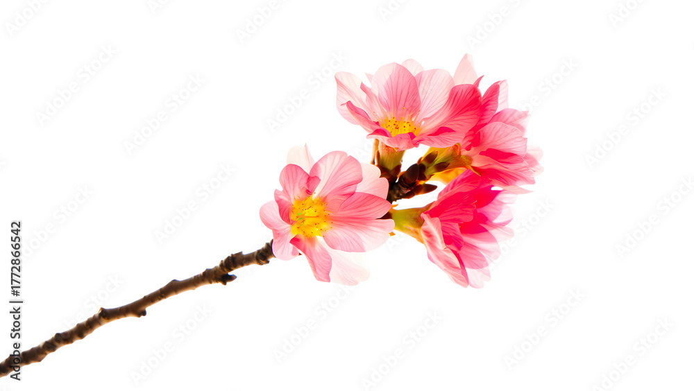 Obraz premium Vibrant Pink Cherry Blossoms on Branch Against Transparent Background Spring Floral Bloom Transparent Image Isolated Delicate Petals Seasonal Beauty