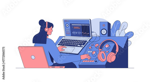 Creative Musician Crafting Melodies Using Digital Audio Workstation and Studio Equipment