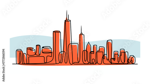 Chicago Cityscape: An artistic illustration captures the iconic Chicago skyline, with bold lines and vibrant colors showcasing the city's architectural grandeur and urban charm.