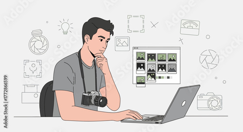 Creative Photographer Thinking About Photos And Editing On Laptop Device Now