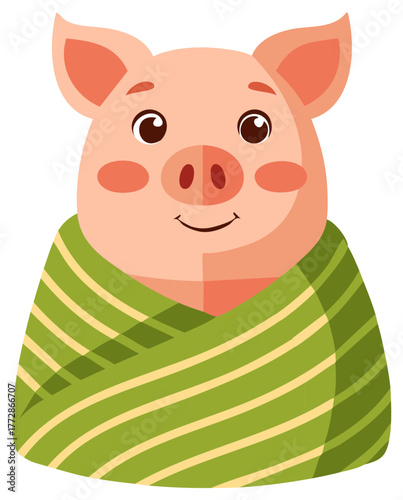 Cute Pig Cartoon Wrapped in Striped Blanket  Illustration for Children