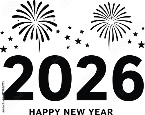 New, Year, 2026, Happy, Fireworks, Celebration, Stars, Festive, Typography, Greeting, Card, Poster, Banner, Vector, Cad, Drawing, Design, Illustration, Decorative, Icon