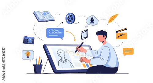 Creative Process Depicted In Illustration With Digital Tablet And Associated Elements