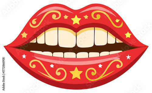 Wallpaper Mural Cartoon illustration of open red lips with teeth, gold swirls and stars Torontodigital.ca