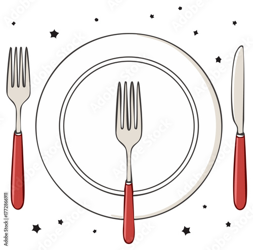 Table setting illustration with plate, fork and knife on a festive starry background, meal preparation, dining