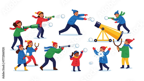 Winter Wonderland Warfare: A playful scene unfolds as children engage in a wintertime snowball fight. With vibrant colors and dynamic action.