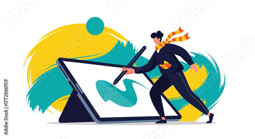 Creative Professional Illustrating Digitally on a Tablet with Vibrant Brushstroke Background