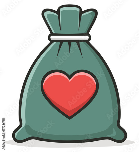 A simple vector icon of a sack with a heart symbolizing charity giving health and kindness