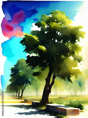 summer tree landscape watercolor vector painting