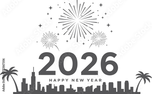 New, Year, 2026, Happy, Fireworks, Skyline, Palm, Tree, City, Celebration, Typography, Greeting, Card, Poster, Banner, Vector, Cad, Drawing, Design, Illustration