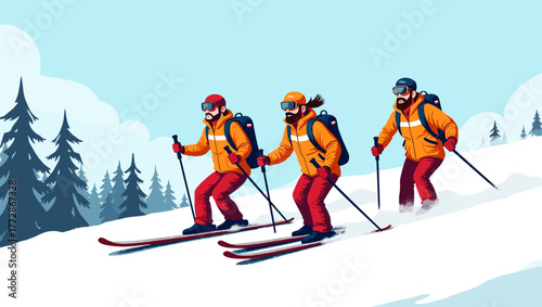 Dynamic ski patrol on slope skiing down fast in red uniforms on powder snow surrounded by pine trees, concept of action and safety in motion