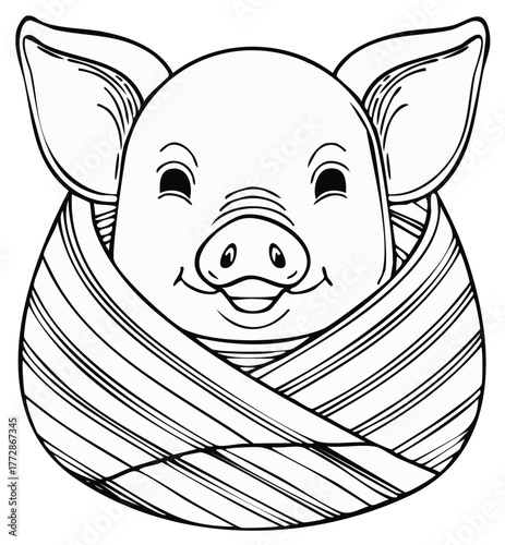 Cute Piglet Wrapped in Striped Blanket, Smiling Animal Vector for Coloring Book Design
