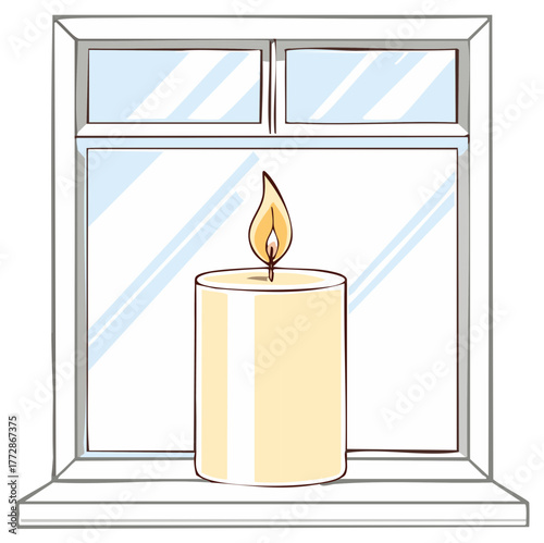 Warm glowing pillar candle burning peacefully on a bright windowsill vector illustration