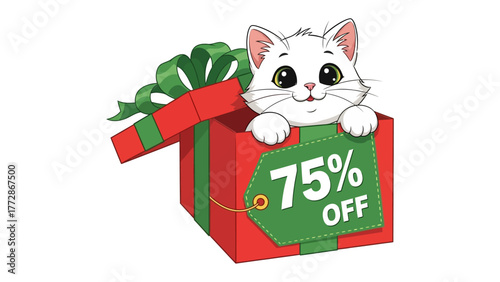 Gift of Savings: Adorable kitten springs forth from a vibrant gift box offering a generous 75% off, a playful invitation to seize amazing deals.
