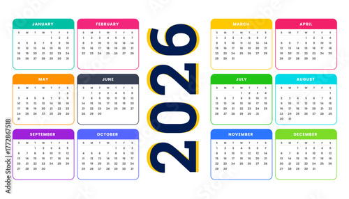 Colorful and Modern 2026 Calendar Design for All Twelve Months