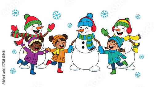 Winter Wonderland Friendship: Joyful children and whimsical snowmen in a circle of friendship, their laughter and connection radiating warmth in a magical winter scene.