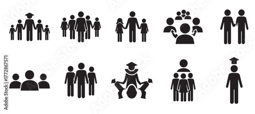 Collection of black vector people icons showing different groups and family arrangements on a white background. Vector illustration.