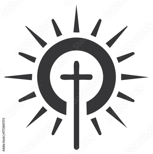 Christian Cross Inside Circle with Radiating Beams Symbol for Faith Hope Charity and Religious Beliefs