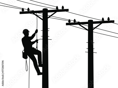 Utility worker climbing telephone pole silhouette with safety harness, electrical lineman maintenance repair, power line technician job, dangerous infrastructure work,