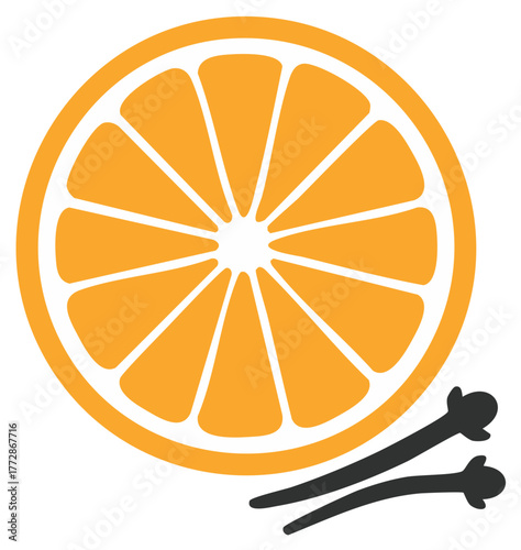 Simple vector icon of an orange slice and aromatic cloves for winter spices