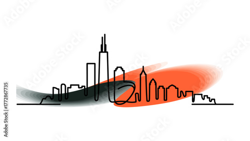 Urban Silhouette: Minimalist Line Art of Cityscape against an abstract backdrop, the dynamic design captures the essence of a bustling cityscape in a modern artistic style.