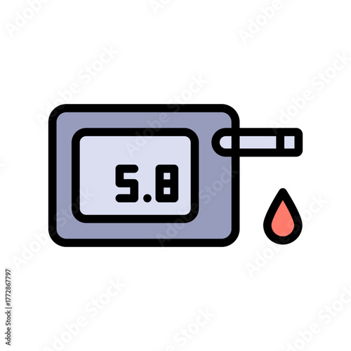 Blood glucose meter test color icon. Glucose monitor, glucometer pharmacy, testing strip diabetes, chronic, treatment vector symbol.