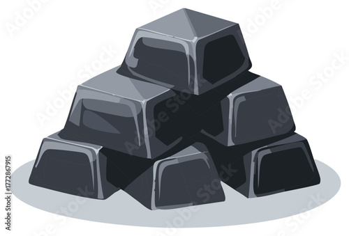 Stack of dark gray metal ingots on a gray surface, illustration
