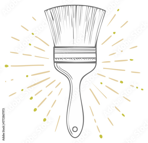 Painter Brush Illustration with Rays of Light and Color Dots