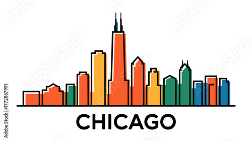 Chicago Skyline Silhouette: A vibrant graphic depiction of Chicago's iconic skyline, showcasing the city's architectural grandeur and urban charm.
