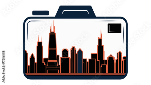 Chicago Skyline: A stylized illustration presents the Chicago skyline captured within a camera outline, symbolizing the essence of photography and urban landscape.