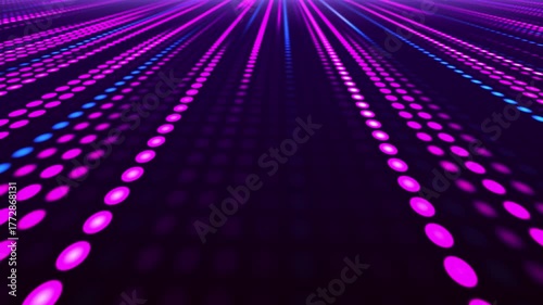 Animation with colorful glowing lines of many multicolored pixels, stretching into the distance. Creates a neon motion effect, reminiscent of a ticker or a music equalizer.