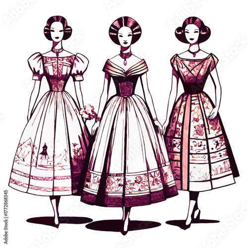 models in traditional vintage dresses vector ink sketch illustration
