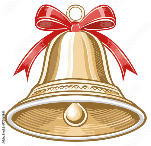 Traditional golden Christmas bell adorned with a bright red bow festive illustration