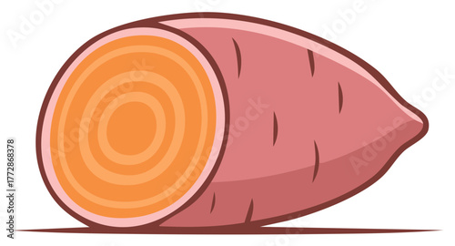 Vector illustration of a cut sweet potato showing its orange cross section and pink skin.