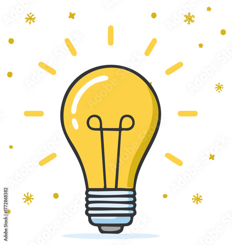 Cartoon style lightbulb with radiating glow shows idea generation and creative thinking