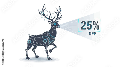 Cyber Deer Promo: A robotic deer boldly projects a 25% OFF deal, symbolizing a technological fusion of nature and commerce. Capturing an eye-catching illustration of innovation and savings.