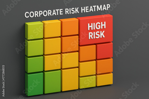 Corporate risk heatmap dashboard showing colorful grid visualization. red zone, labeled as high risk, indicates sense of urgency for business analysis and management