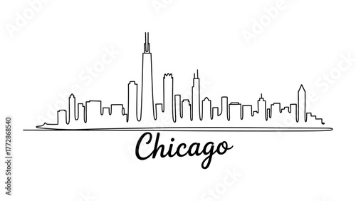Chicago Skyline Silhouette: A minimalist black-and-white silhouette artfully depicts the iconic skyline of Chicago, capturing the essence of the city's architectural marvels and urban spirit. 
