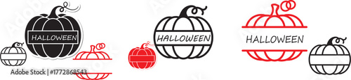 Halloween pumpkin typography icon set. Holiday line icons with pumpkins, text banner, autumn harvest, spooky and horror theme for Halloween party decoration. Editable stroke vector illustration.