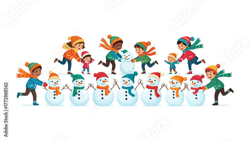 Snowman Creation: Joyful children gather together to build snowmen in a wintry scene, creating lasting memories with friends and family.