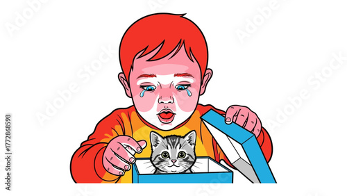 Surprise Kitten: A young child opens a gift box to find an adorable kitten, expressing a mix of wonder and delight in a heart-warming scene.