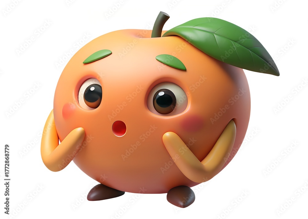 Fototapeta premium Cute cartoon orange character with big eyes and blush cheeks looking surprised and worried