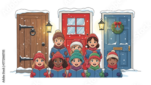Carolers' Christmas Chorus: A group of carolers joyfully sings carols at decorated doorsteps with snowy atmosphere, Christmas spirit, creating a festive holiday scene.