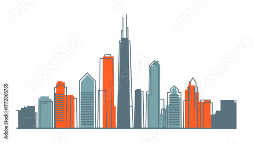 Urban Skyline Silhouette: An abstract representation of a metropolitan skyline, featuring iconic skyscrapers that define the city's architectural identity, forming a modern urban landscape.