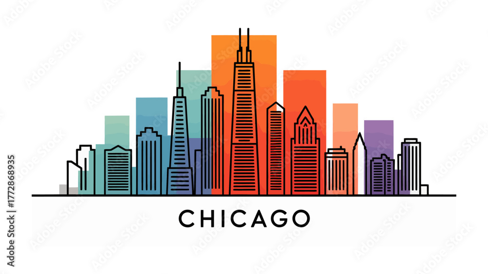 Fototapeta premium Chicago Skyline: A stylized illustration of the Chicago skyline, featuring its iconic skyscrapers, showcasing the city's unique architectural landscape and urban design.